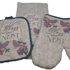 Ven Mitt Set - Kitchen Decorations - Bless Our Nest Wreath And Bring The Chirping Birds Into The Kitchen - Dish Towel - Oven Mitt - Pot Holder - Kitchen Decor