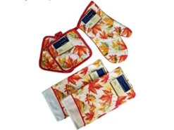 5 Piece Kitchen Linen Set Fall Leaves Theme! Includes: 1 Oven Mitt, 2 Pot Holders And 2 Dish Towels