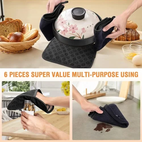 Ven Mitts And Pot Holders Set: 500β Heat Resistant Oven Gloves With Ovenmitts Hotpads And Kitchen Towels - Extra Long Kitchen Mittens And Potholders With Non-Slip Silicone Surface Safe For Cooking - Image 5