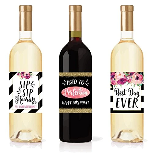 5 Birthday Wine Bottle Labels Or Stickers Present, Bday Milestone Gifts For Her Women, Any Age Years Funny Unique Old Chic Pink Black Gold Party Decoration Centerpiece Supplies For Wife, Mom, Friend - Image 3