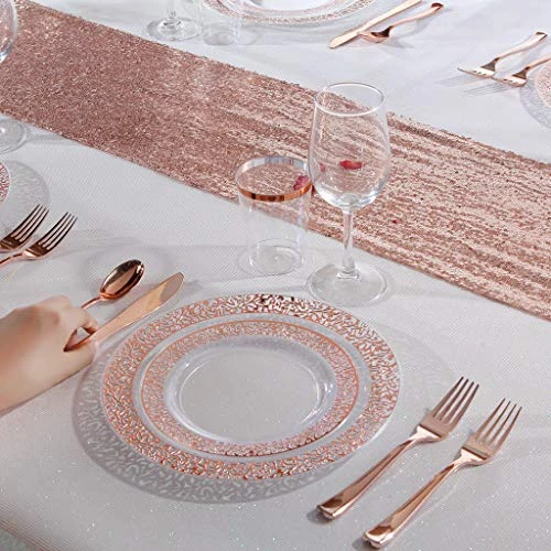 00000 150 Pcs Rose Gold Plastic Plates & Silverware & Disposable Cups, Laced Design Includes 25 Dinner Plates 10.25" 25 Dessert Plates 7.5" 25 Tumblers 25 Forks 25 Knives 25 Spoons For Party - Image 3