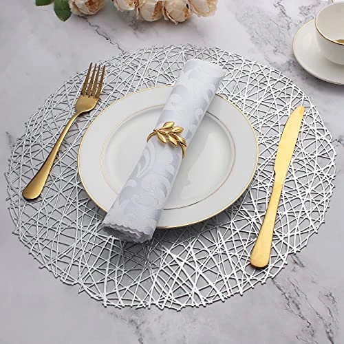 Silver Round Placemats For Dining Table Set Of 6 Metallic Pressed Vinyl Circle Table Mats Wipeable Hollowout Place Mats For Table Decor Holiday Wedding Accent Centerpiece(Line, Silver) - Image 2