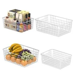 Wire Storage Basket, F-color Metal Household Storage Organizer Bin With 4 Built-in Handles For Pantry, Shelf, Freezer, Kitchen Cabinet, Bathroom, 4 Pack, White