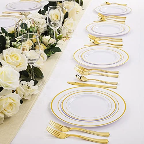 50 Guest Gold Plastic Plates With Disposable Cutlery& Gold Plastic Cups-Party Plates And Napkins Sets For Wedding - Image 3