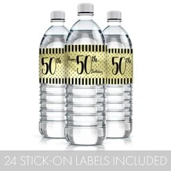 Black And Gold 50th Birthday Water Bottle Labels - Shiny Foil - 24 Stickers