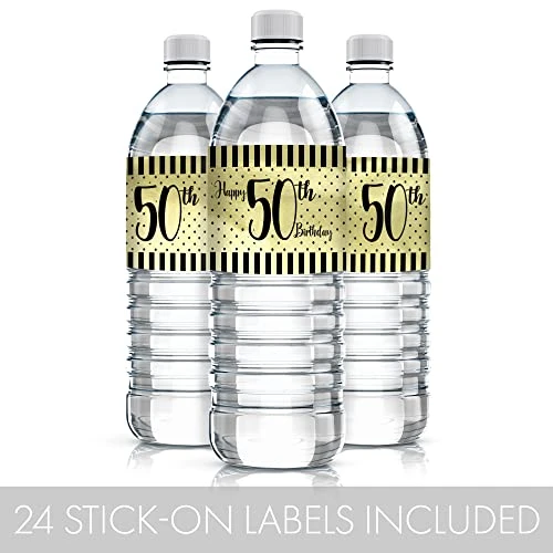 Black And Gold 50th Birthday Water Bottle Labels - Shiny Foil - 24 Stickers