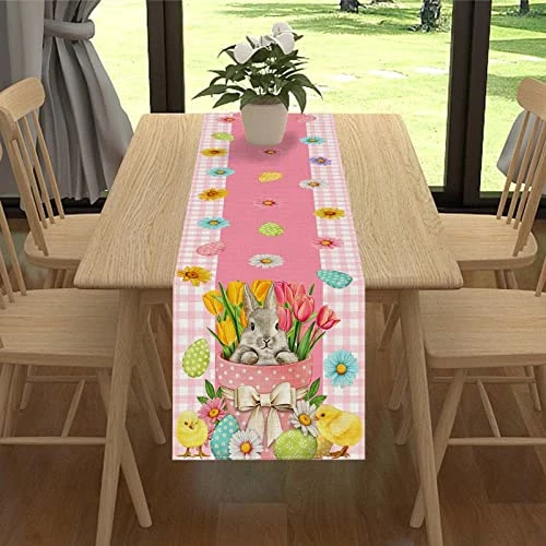 Linen Pink And White Buffalo Check Plaid Easter Table Runner 72 Inches Long Easter Egg Bunny Chick Daisy Tulip Floral Table Decor Spring Summer Easter Home Kitchen Dining Room Table Decorations