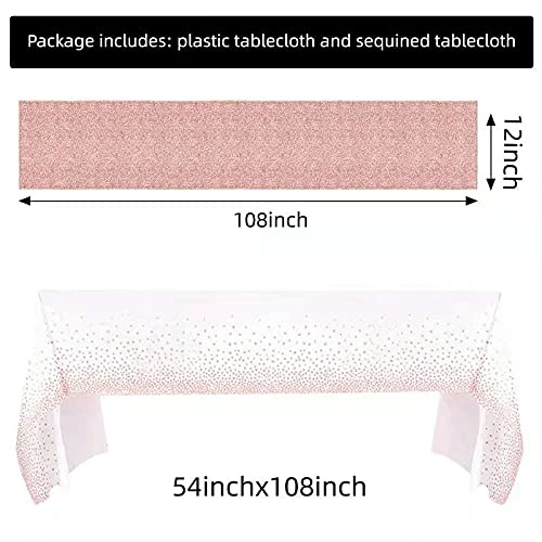 Rose Gold Tablecloth, 12x108inch Sequins Table Runners And 54x108inch Plastic Table Cloths For Party Decorations, Sparkling Party Supplies Table Cover For Indoor Outdoor Parties