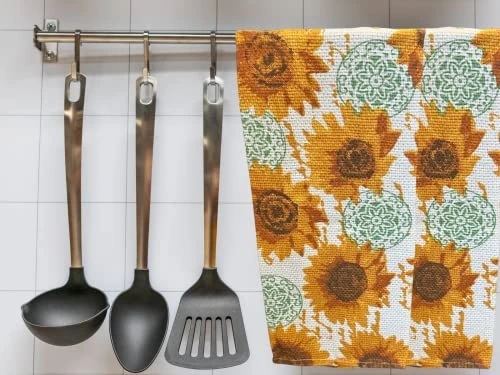 3 Pc Sunflower Kitchen Towel Set - 100% Cotton, Perfect Sunflower Kitchen Decor Set, Sunflower Gifts, Comes In A Gift Bag For Givingmats - Comes In An Organza Bag So It's Ready For Giving! - Image 2