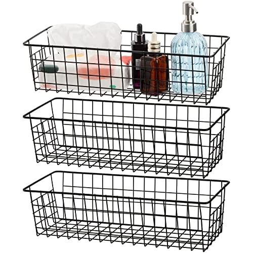 3 Pack Metal Wire Storage Organizer Basket, 16.2" X 6.3" X 4.4" Bin Basket With Handles, Versatile Organizer For Kitchen, Pantry, Closet, Laundry Room, Cabinets, Bathroom - Black