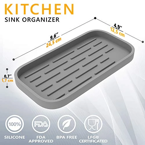 Kitchen Sink Organizer | Silicone Sponge Holder - Storage Tray For Dish Sponge, Soap Dispenser, Scrubber 9.6"x 4.9" (Gray) - Image 3
