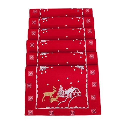 Embroidered Reindeer Table Place-mats For Christmas Holidays (Red, 12 × 18 Inches Set Of 6) - Image 2