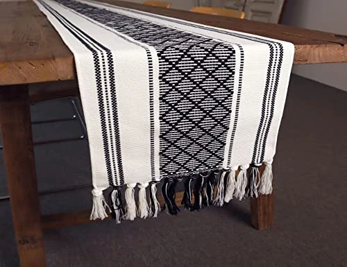 Farmhouse Table Runner 108 Inches Long, Boho Rectangle With Tassels Table Runners, Woven Cotton Table Runner Rustic Style Linen Table Runner Holiday Party Dining Room Dresser Décor (Black) - Image 3