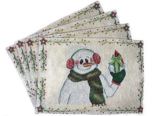 Magical Snowman Placemats - Set Of 4 Festive Holiday White Tapestry - Cotton Linen Woven Dining Table Mats - 13β X 19β (9733)
