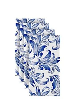 | 18" X 18" Dinner Napkins | Set Of 12 | 100% Polyester | Blue Traditional Leaves