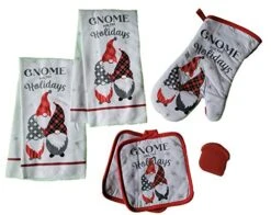 Holiday Christmas Sentiment Gnome Theme Kitchen Towel Set With 2 Quilted Pot Holders, 2 Dish Towels And 1 Oven Mitt