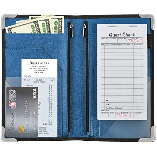 Golgino Server Book For Waitress & Waiter 9 X 5 Inch, Two Zipper Pockets & ID Holder, Premium Receipt Organizer Wallet Fits Aprons, 11 Money Pockets Perfect For Server Banking (Black/Blue)