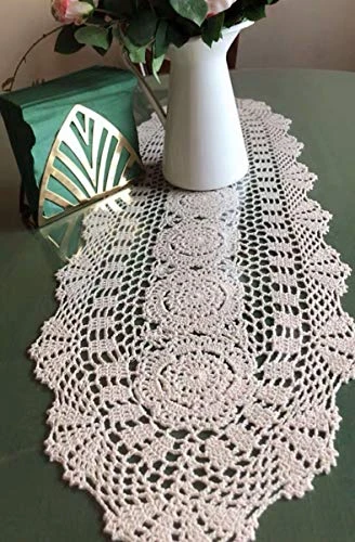 Janef White Handmade Crochet Cotton Table Runner Lace Doilies Doily Oval Dresser Scarves,11.8 By 35 Inches. - Image 4
