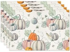Fall Gray Pumpkin Placemats For Dining Table, 12 X 18 Inch Autumn Thanksgiving Seasonal Holiday Decoration Rustic Washable Table Mats Set Of 4