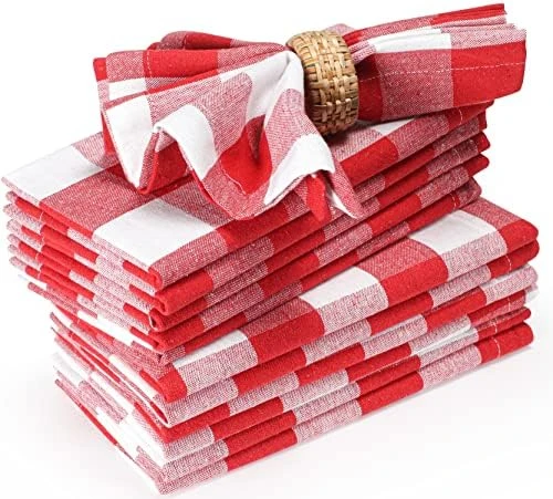 Farmhouse Cloth Napkin Set Of 12 100% Cotton Dinner Napkin Gingham Plaid Check Fabric Mitered Corners & Generous Hem Size 18"x 18" Color Red/White - Image 6