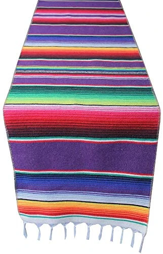 Mexican Serape Table Runner For Mexican Theme Party, Cinco De Mayo Fiesta Party, Day Of Death Decorations, Falsa Classic Striped Fringe Pattern Cotton Blanket, Purple,14x84 Inches