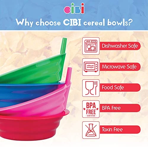 Ereal Bowls With Straws For Kids By CIBI | BPA-Free Plastic | Toddler Sip-A-Bowls With Built-In Straw For Cereal And Soup | Set Of 4 Colorful Breakfast Bowls - Image 3