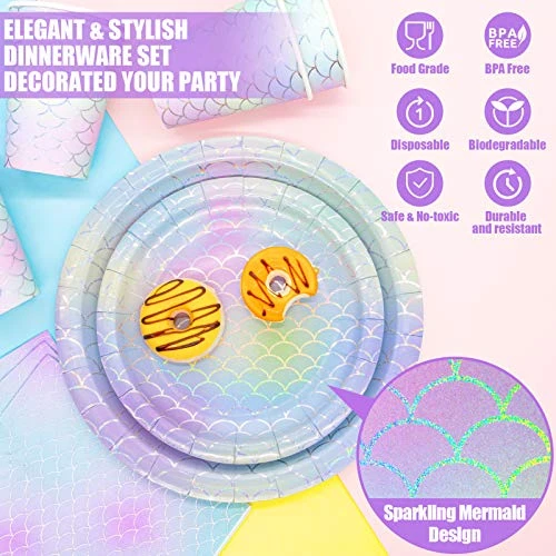 Mermaid Party Supplies, 350 PCS Disposable Dinnerware Set, Mermaid Paper Plate Napkin Cup Gold Plastic Fork Knives Spoon For Children's Day Girls Birthday Baby Shower Wedding Hawaii Ocean Party - Image 2