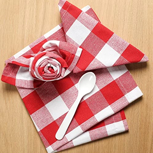 Farmhouse Cloth Napkin Set Of 12 100% Cotton Dinner Napkin Gingham Plaid Check Fabric Mitered Corners & Generous Hem Size 18"x 18" Color Red/White - Image 4