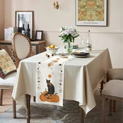 Halloween Black Cat Table Runner Jack-O-Lantern Fall Orange Pumpkin Burlap Autumn Seasonal Table Runners Kitchen Dining Table Center Decor For Home Party Fireplace In/Outdoor(13x72 In)