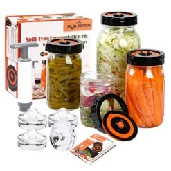 Glolaurge Fermentation Kit For Wide Mouth Mason Jars, 4 Pack Split-Type Fermenting Lids With 4 Weights And 1 Pump, Fermenter Starter Kit For Sauerkraut, Kimchi, Pickles, Fermented Vegetable