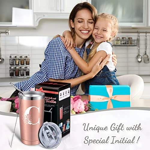 Personalized Initial Mug Tumbler 20oz, Monogrammed Travel Mug With Gift Box For Wedding Birthday Graduation Party, Birthday Christmas Gifts For Women Mom Sisters Teacher Coworker (C) - Image 2