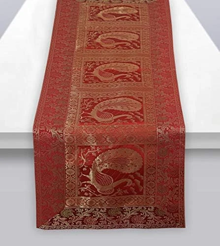 Indian Table Runner Rectangle Hand Art Elephant Good Luck Silk Table Runner 60 X 18 Inch Golden Color Table Cloth - Image 8