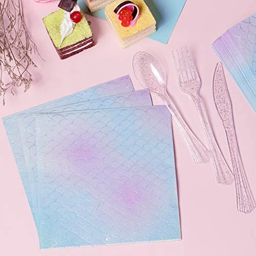 Mermaid Party Supplies, 350 PCS Disposable Dinnerware Set, Mermaid Paper Plate Napkin Cup Gold Plastic Fork Knives Spoon For Children's Day Girls Birthday Baby Shower Wedding Hawaii Ocean Party - Image 3