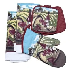 Wine Themed Kitchen Towel Set With 2 Quilted Pot Holders, 2 Dish Towels And 1 Oven Mitt