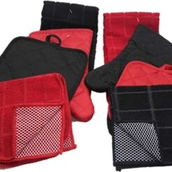 Wel Linen Set - Kitchen Decor (8 Pc) Bold Red And Black Color Combination That Pops - Kitchen Towel Potholder Scrubber Dishcloth Oven Mitt Set - Kitchen Decorations