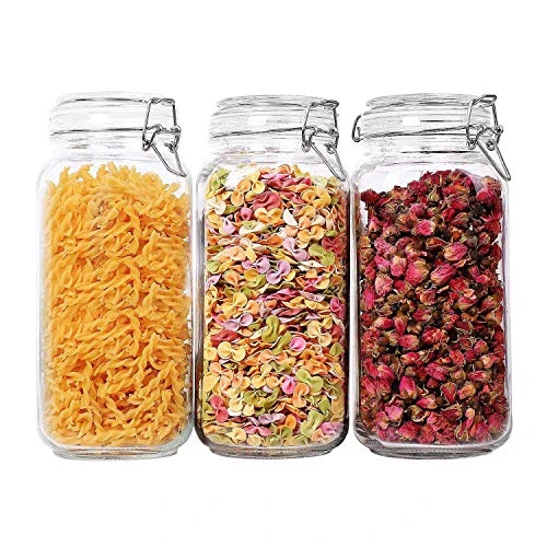 Airtight Glass Canister Set Of 3 With Lids 78oz Food Storage Jar Square - Storage Container With Clear Preserving Seal Wire Clip Fastening For Kitchen Canning Cereal,Pasta,Sugar,Beans,Spice