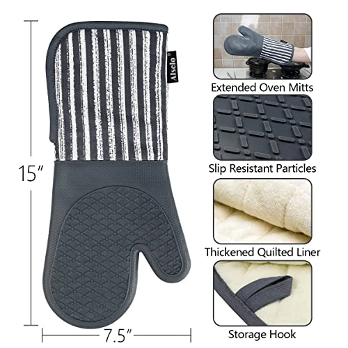 Silicone Oven Mitts Heat Resistant 932β With Waterproof & Non-Slip Kitchen Mittens, Set Of 2 Extra Long Oven Gloves With Soft Cotton Terry Lining For Baking Cooking Barbecue - Image 2