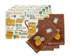 Where The Tea Is Sweet 8 Piece Set Placemats And Napkins, 6719, 18x13", White Blue Yellow Brown