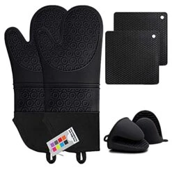 Silicone Oven Mitts And Pot Holders Set, MTZRFLL Extra Long Heat Resistant Oven Gloves With Hot Pads And Mini Oven Mittens For Grilling, Kitchen Cooking Baking, Soft Quilted Lining, Pack Of 6 (Black)