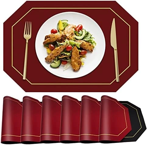 Reversible Placemats Set Of 6 - MYGCCA Faux Leather Heat Resistant Placemats Washable Table Mats Waterproof Wipeable Place Mats For Dining Table Wedding Coffee Shop Decorations (Wine Red And Black) - Image 8