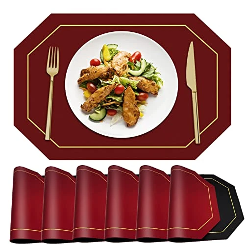 Reversible Placemats Set Of 6 - MYGCCA Faux Leather Heat Resistant Placemats Washable Table Mats Waterproof Wipeable Place Mats For Dining Table Wedding Coffee Shop Decorations (Wine Red And Black)