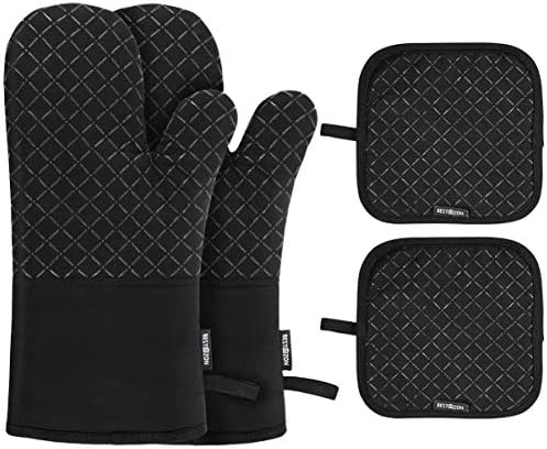 4PCS Heat Resistant Oven Mitts And Pot Holders, Soft Cotton Lining With Non-Slip Surface For Safe BBQ Cooking Baking Grilling (Black) - Image 6