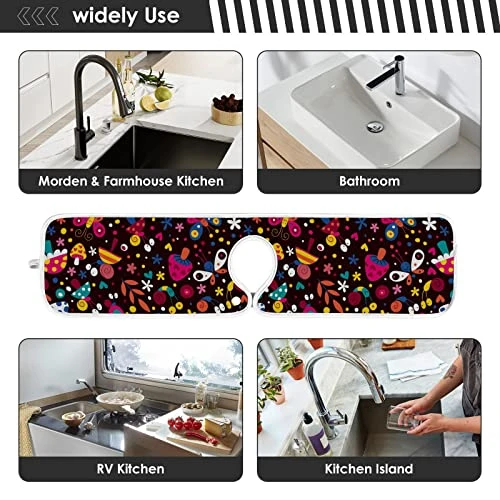 2 Pack Kitchen Faucet Mat Absorbent Washable Sink Splash Guard Faucet Drip Drying Mat Bar Countertop Water Catcher Mat Large 30x5 Inch Flowers Butterflies Mushroom Snails Pattern Kids - Image 3