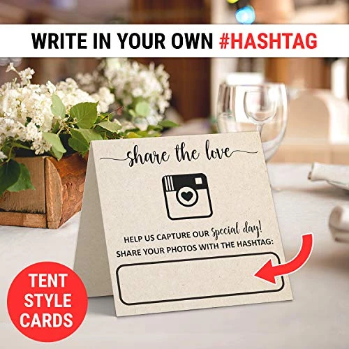 Wedding Hashtag Signs 5" X 5" Folded (Set Of 24) Rustic Kraft Tan Tent Cards For Table Placecard - Square Write On Large Oh Snap Photo Share Love - Made In USA - Image 2