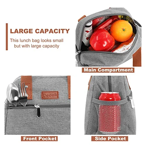 Lunch Bag For Women Freezable Lunch Tote Bag Organizer Reusable Cooler Lunch Box For Adult Outdoor Work,School And Picnic Insulated Lunch Bag With Pocket (Gray) - Image 3