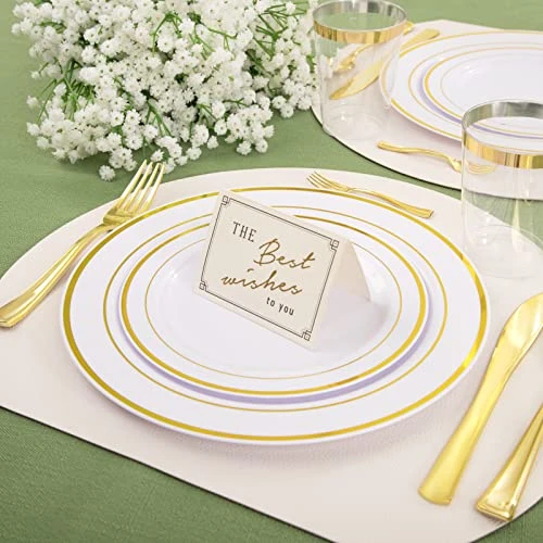 50 Guest Gold Plastic Plates With Disposable Cutlery& Gold Plastic Cups-Party Plates And Napkins Sets For Wedding - Image 2