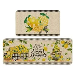 Hexagram Lemon Kitchen Mats Set Of 2, Lemon Kitchen Decor Rugs And Mats Farmhouse Plaid Tree And Truck Mat For Floor,Bathroom, Spring And Summer Lemon Decorations For Home 17x29 Inch-17x47 Inch