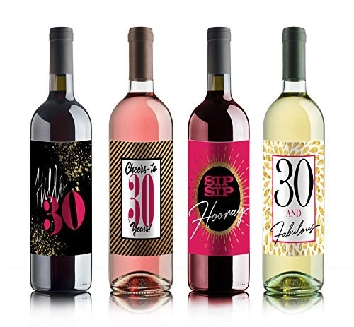 30th Birthday Wine Labels/Set Of 4 Cheers Wine Bottle Stickers/Thirtieth Birthday Party