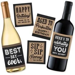 5 Birthday Wine Or Beer Bottle Labels Or Stickers Present, Bday Gifts For Him Men, Any Age Years Funny Unique Old Kraft Rustic Black Cool Party Decoration Centerpiece Supplies For Husband, Dad, Friend