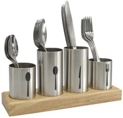 Silverware Holder With Caddy For Spoons, Knives Forks, Etc — Ideal For Kitchen, Dining, Entertaining, Buffet, Picnic, And More — Stainless Steel With Bamboo Wood Base
